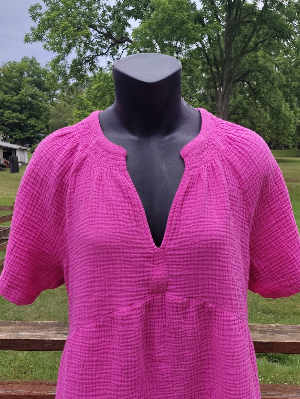 GAP Hot Pink 100% Cotton Short Sleeve V Neck Muslin Cottagecore Dress Size Large - Picture 2 of 10